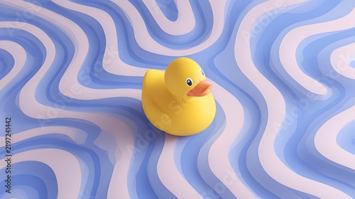 Bright Yellow Rubber Duck Floating on Blue and White Swirled Plastic Surface