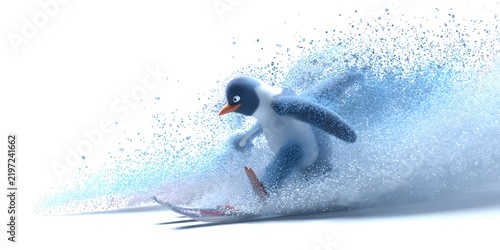 Playful penguin sliding on ice in snow, winter scene with splash of snowflakes