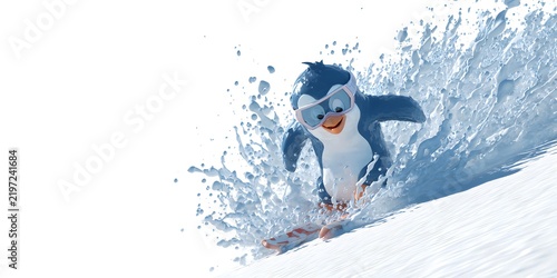 Penguin Snowboarding on Icy Slope with Splash in Cold Winter Environment