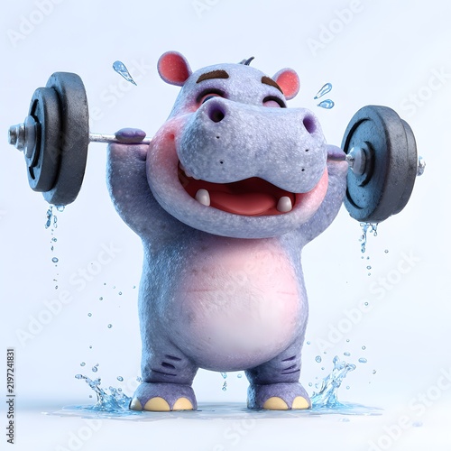 Cheerful hippo character lifting a barbell in a water splash scene for fitness and fun themes