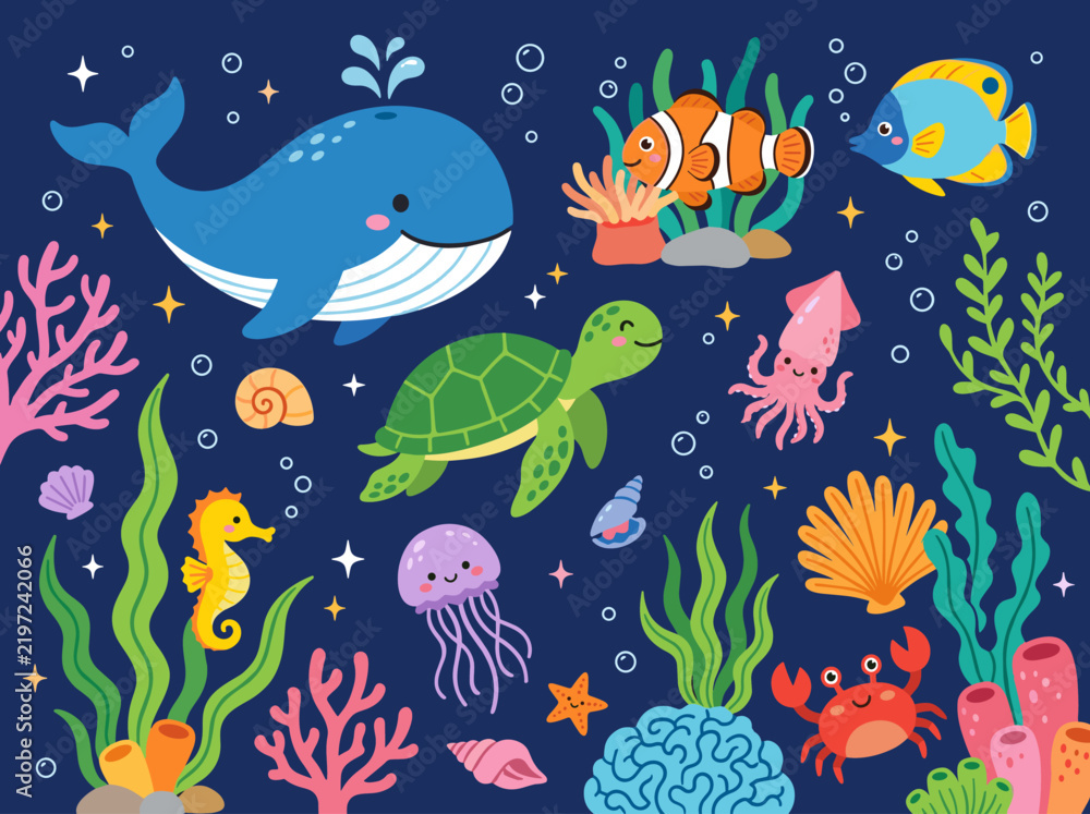 Obraz premium Whimsical Ocean Friends with Blue Whale Green Turtle Clownfish Seahorse Squid Jellyfish Crab and Tropical Reef Vector