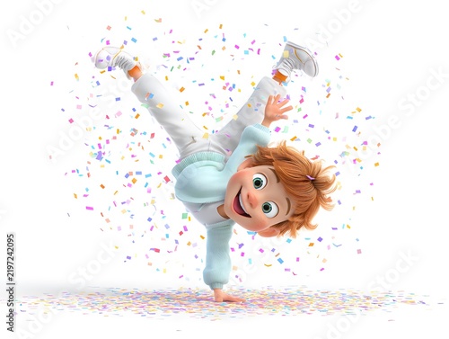 Cheerful animated girl doing a handstand with colorful confetti falling down