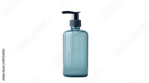 A blue transparent plastic cosmetic dispenser bottle on a white background