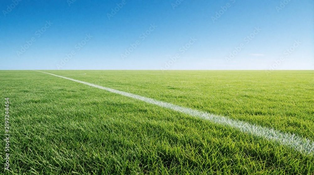 Obraz premium Vast green sports field under clear blue sky. White line marks boundary of empty grass pitch. Perfect backdrop for games or commercial use with abundant copy space.