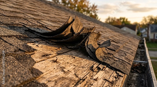 Macro photography of an aging residential roof with severely curled asphalt shingles revealing the weathered wooden decking underneath.