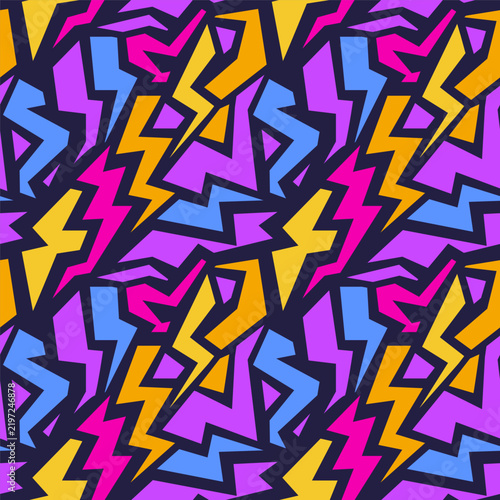 Abstract geometric seamless pattern with bright lightning bolt shapes in pink, purple, yellow, blue, and dark navy background. Vibrant, energetic vector camouflage tile for sportswear.