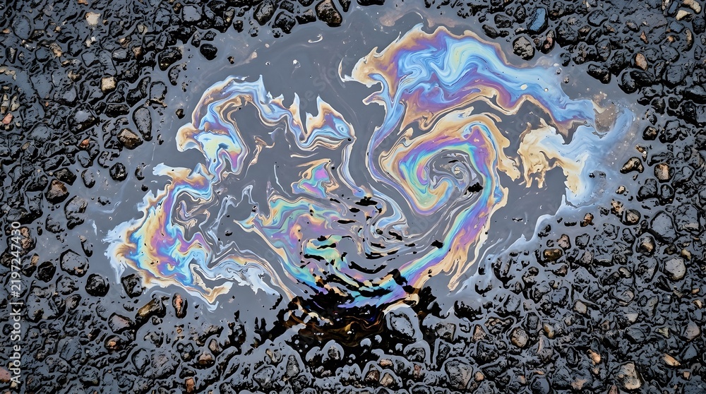 Fototapeta premium Toxic oil spill puddle on rough dark asphalt representing dangerous environmental pollution and ecological damage from industrial fossil fuel waste