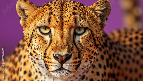 Close-up of a fierce, spotted leopard with intense eyes.