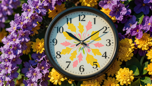 Clock surrounded by vibrant purple and yellow flowers.