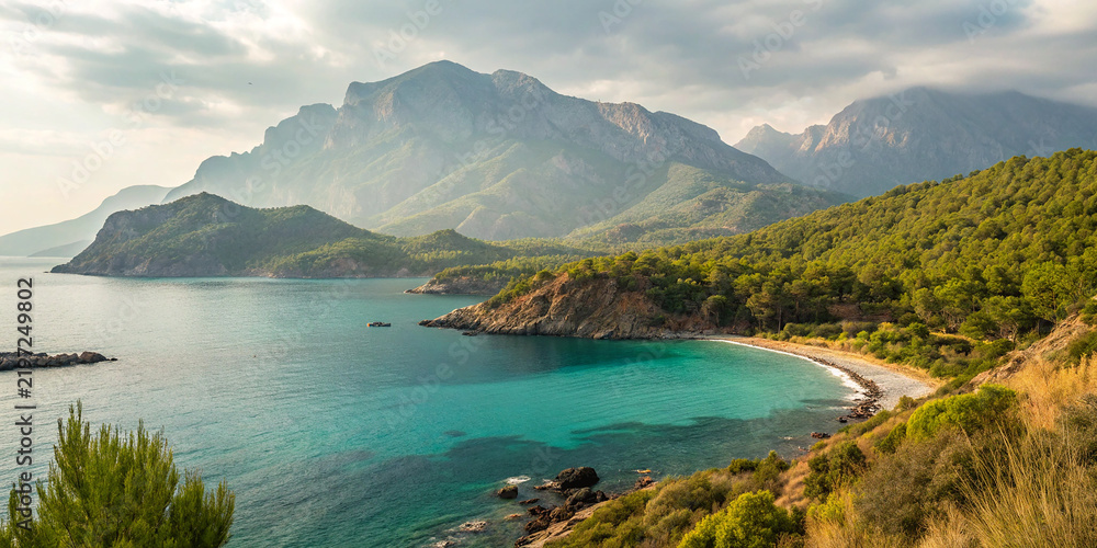 Naklejka premium Antalya Turkey Mediterranean coastline surrounded by lush green nature