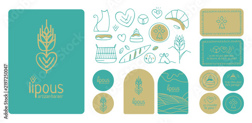 Logo vectoriel et identité visuelle pour une boulangerie artisanale avec produits biologiques et locaux. Pictos, carte de visite, stickers, tampons, accroches, marque, dessin, illustration à la main.