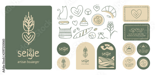 Hand-drawn vector logo and branding identity for an artisan bakery specializing in organic and locally made products. Handmade local business branding in two colors.