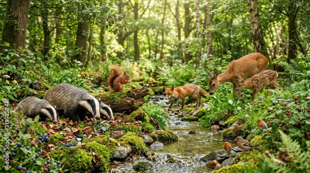 Obraz premium Enchanted Woodland Scene: A vibrant forest comes alive with diverse wildlife, featuring badgers, a fox, a squirrel, a deer with a fawn, and birds gathered around a serene stream.
