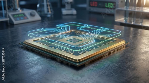 Advanced microchip with glowing circuits on a laboratory table