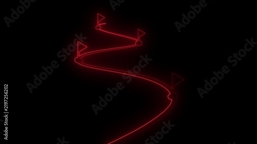Glowing red neon winding road roadmap with destination flag markers isolated on a black background. Modern futuristic timeline element representing journey milestones and achievements.