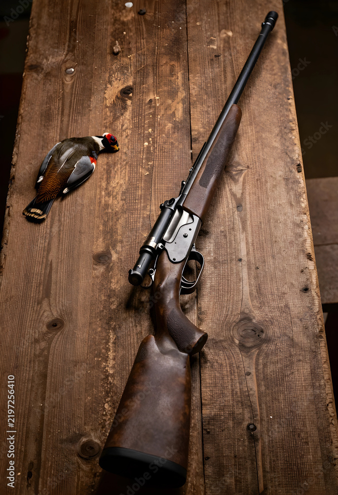 Obraz premium Hunting and wildlife conservation, rifle with scope and harvested game bird on rustic wooden table for outdoor sport and traditional field recreation