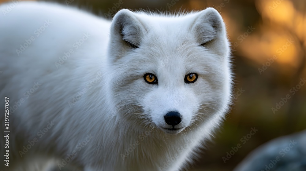 Obraz premium A close up of a white fox with bright amber eyes looking directly at the viewer against a softly blurred golden background