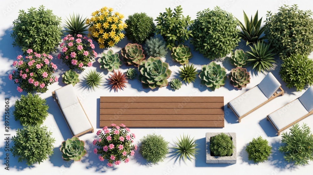 Fototapeta premium Top view of garden elements arranged on white background including diverse plants shrubs, flowers outdoor furniture deck chairs, wood panel. Various succulents, bushes add texture, color to scene.