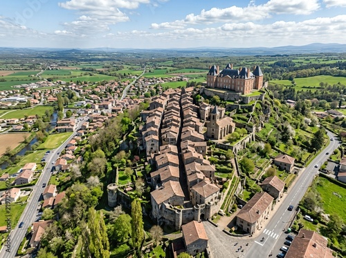 From above, the old town of Effiat in France is seen on a bright spring day