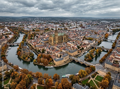 A sweeping aerial panorama of Metz's historic town in France, captured on a cloudy autumn day
