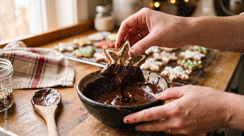 Person dipping a star shaped Christmas cookie decorated with icing and sprinkles into melted chocolate
