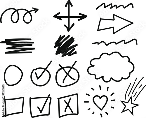 Set of various hand drawn doodle elements and simple sketch icons isolated on transparent background