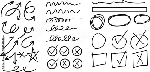 Set of hand drawn doodle arrows and check marks isolated on transparent background