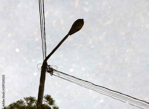 Foto Inverted street photography showing the reflection of a light pole and tangled electrical wires in a rain puddle on the asphalt road