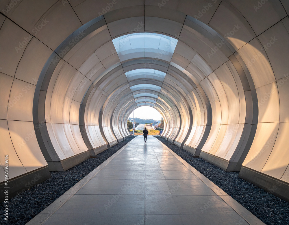 Fototapeta premium A solitary figure walks through a futuristic, curved architectural tunnel at sunset. This symmetrical corridor evokes feelings of wonder and progress, perfect for concepts of travel and discovery.
