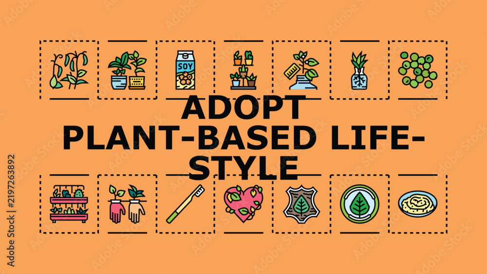Obraz premium Adopt plant-based lifestyle banner infographic. Balance greens, tofu wellness, environment health icon vector illustration