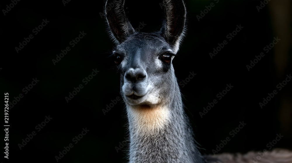 Obraz premium Close up portrait of a gray llama with large ears and dark eyes set against a dark background