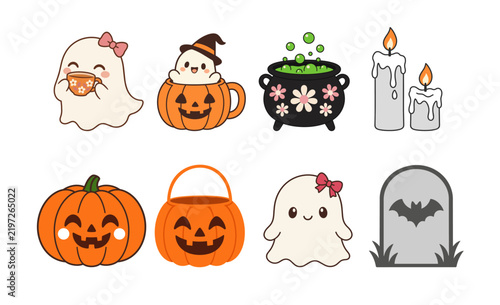 Cute Halloween Ghosts Pumpkins and Spooky Decorations Clipart Set