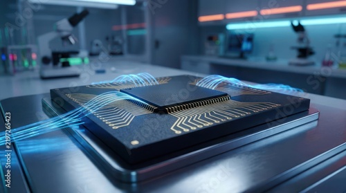 Advanced computer processor chip with glowing blue data streams in a modern laboratory