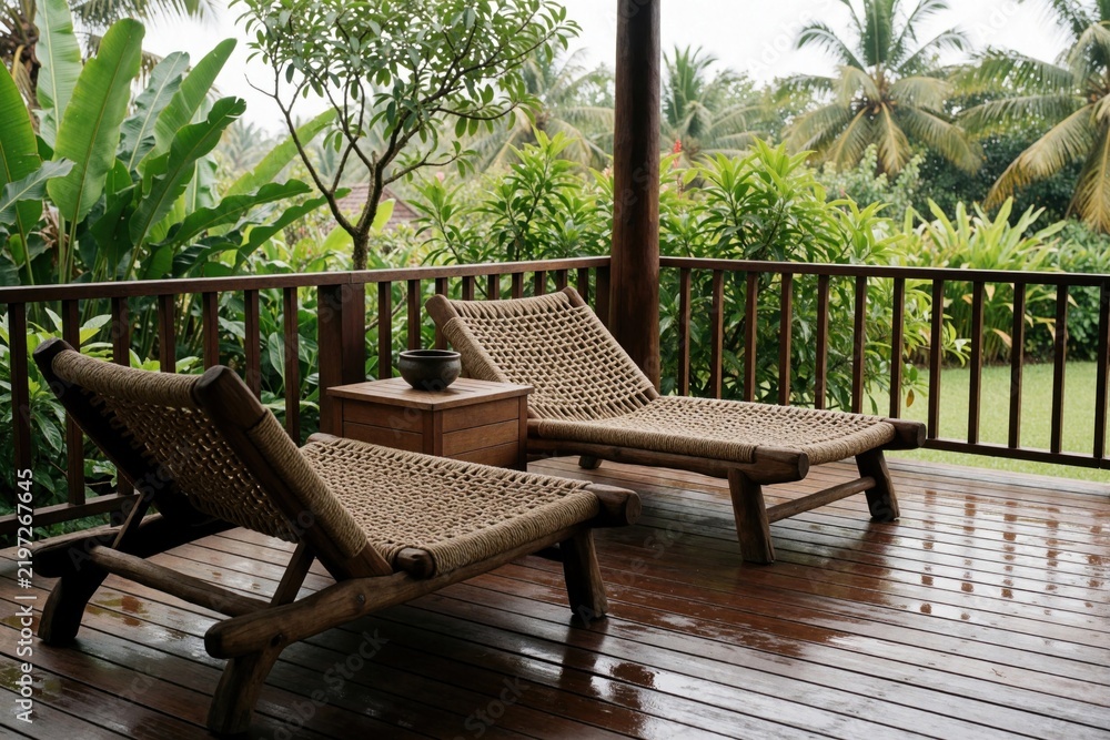 Obraz premium Empty wooden terrace chairs and table sit on wet deck. Tropical resort backyard with rich green plants and palm trees. Nobody uses this patio after rain in summer.
