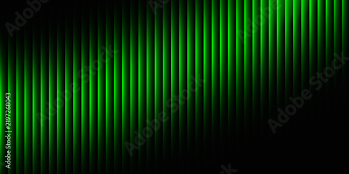 Abstract digital background with vibrant neon green glowing vertical lines creating depth and rhythmic patterns on dark black textured surface