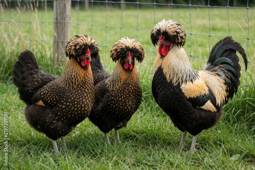 Three Polish chickens, two hens and one rooster, stand in green grass on farm. These birds have distinctive fluffy crests and patterned feathers. One rooster displays striking black and gold plumage.