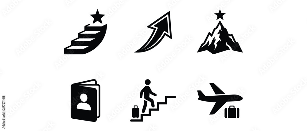 Fototapeta premium minimalist travel and adventure icons featuring climbing stairs with star mountain peak upward arrow person luggage airplane