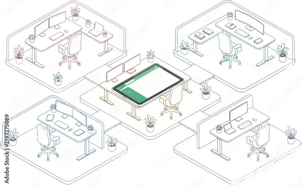 Fototapeta premium Modern isometric office cubicle workspace layout with ergonomic sit stand desks computer monitors and partition walls vector