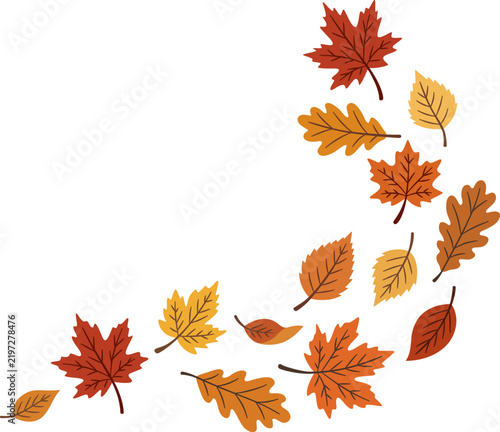 Falling Autumn Leaves Corner Frame Illustration, Colorful Red Orange Yellow Maple and Oak Leaf Border Clipart Isolated for Thanksgiving, Greeting Card, and Sticker Design
