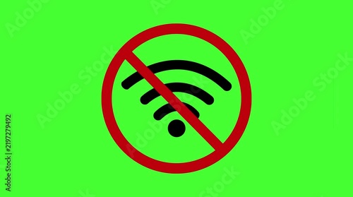 No wifi prohibition sign internet connection disabled warning symbol animation on green screen background