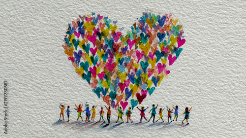A heart made of vibrant, people standing in different poses