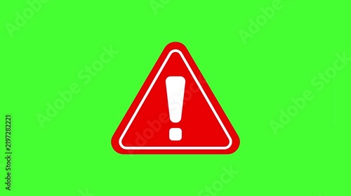 Red exclamation mark warning sign hazard triangle symbol animation on green screen background