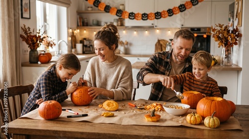 Joyful Family Moment Parents and Children Carving Festive Pumpkins for Halloween in a Cozy Autumn Kitchen Setting