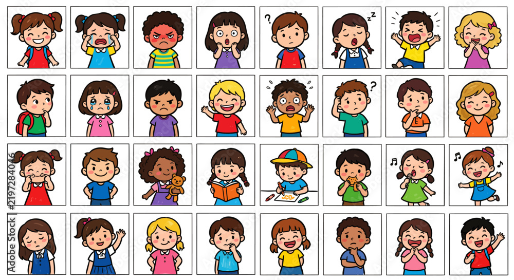 Fototapeta premium A Colorful Collection of Diverse Children Expressing a Wide Range of Emotions and Actions