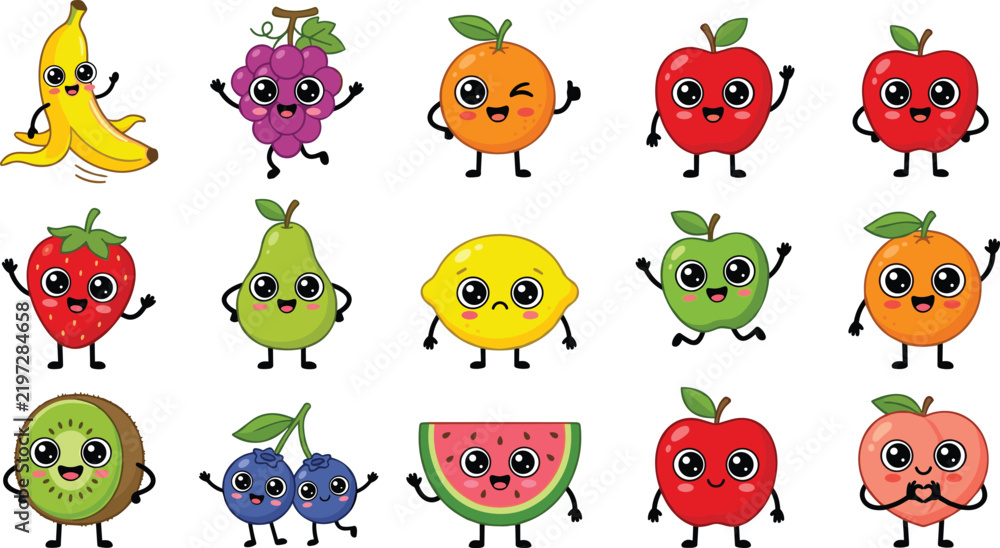 Obraz premium Cute Kawaii Fruit Character Vector Set with Happy Smiling Faces for Kids Healthy Eating Promotion Educational Graphics and Sticker Designs