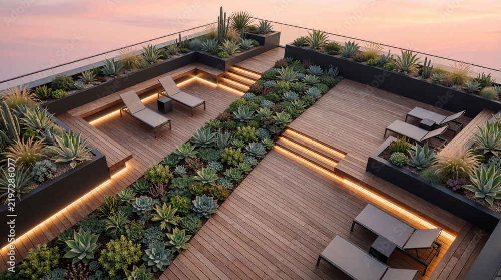 Obraz premium Rooftop garden terrace features wood decking lounge chairs succulent planters and warm led strip lighting at sunset. This modern urban oasis provides stunning sky views ideal for relaxation.