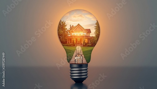 suburban home and pathway contained inside a glowing light bulb, representing a bright idea for smart living, real estate, energy efficiency, or housing solutions.