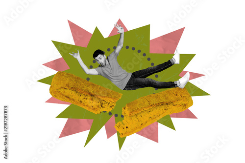 Obraz na plátně Exclusive art banner collage of astonished man fall broke half brad loaf baguett