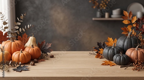 Warm autumn harvest display featuring a variety of orange and dark pumpkins with colorful fall leaves and natural decorations arranged on a rustic wooden table, creating a cozy seasonal backdrop