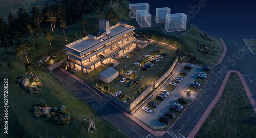 3d architectural rendering of a modern educational facility in the park